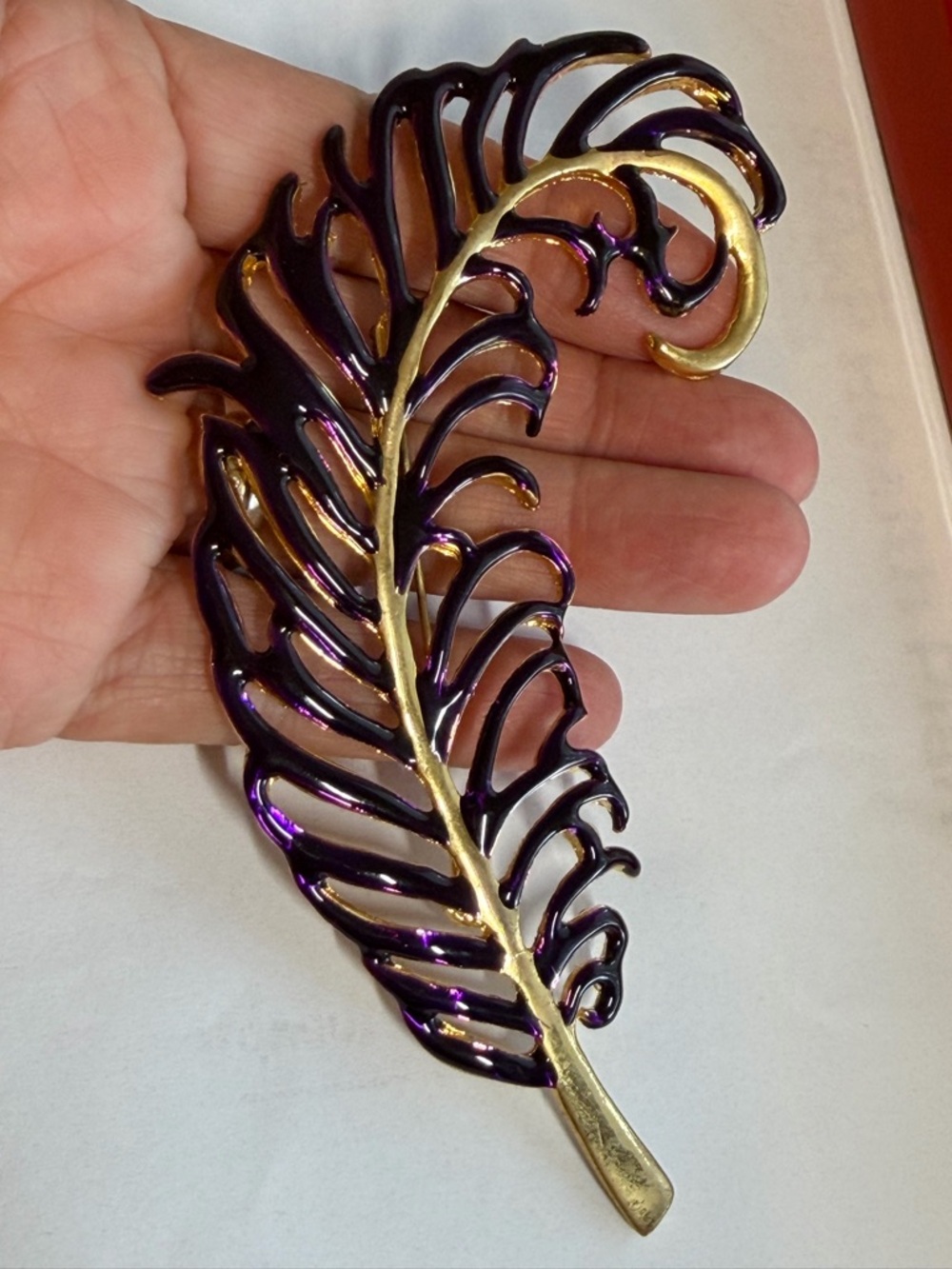 Vintage large Purple enamel and Gold tone Feather Brooch 4”